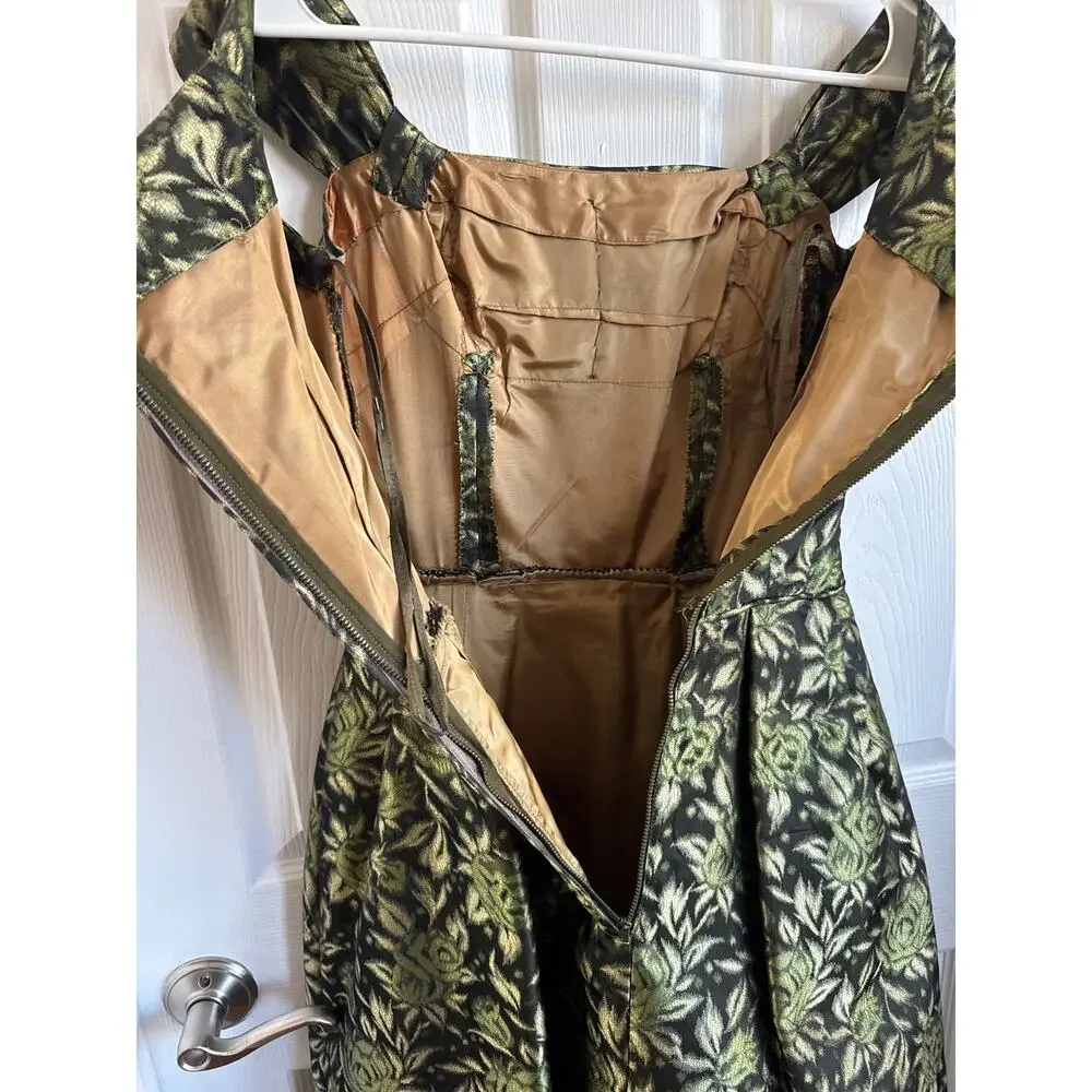 Vintage 1950s Olive Gold Brocade Cocktail Dress with Boned Bodice  XS
